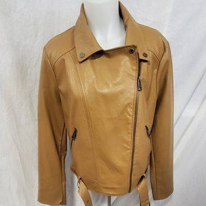 Elodie Womens Tan Long Sleeves Notch Collar Zip Up Faux Leather Moto Jacket XL